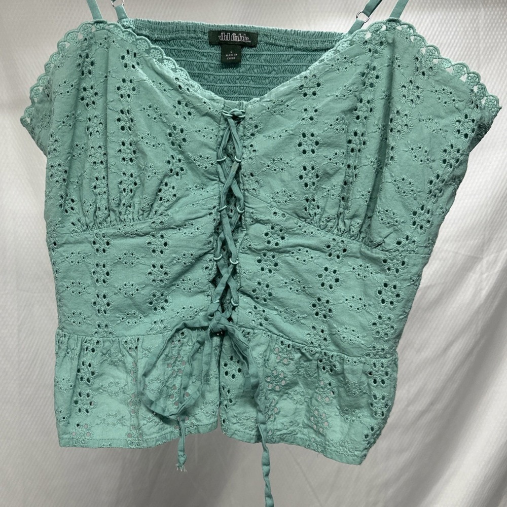 Fairy Cami Top Women Small Sage mint Green Excellent Eyelet Lace Up Peplum Boho